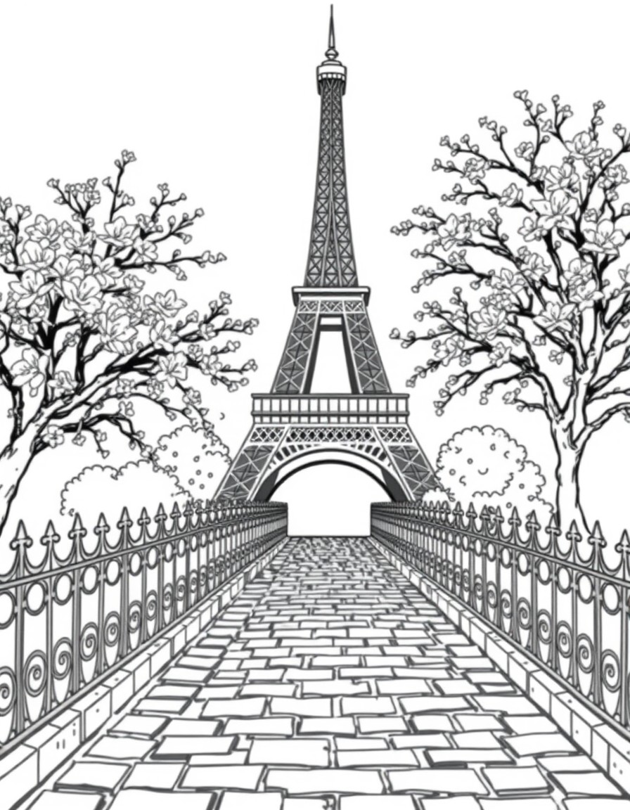 Create a detailed illustration of the Eiffel Tower in Paris France. Surround the tower with blooming cherry blossoms and intricate wrought-iron fencing. Include a cobblestone pathway leading toward th