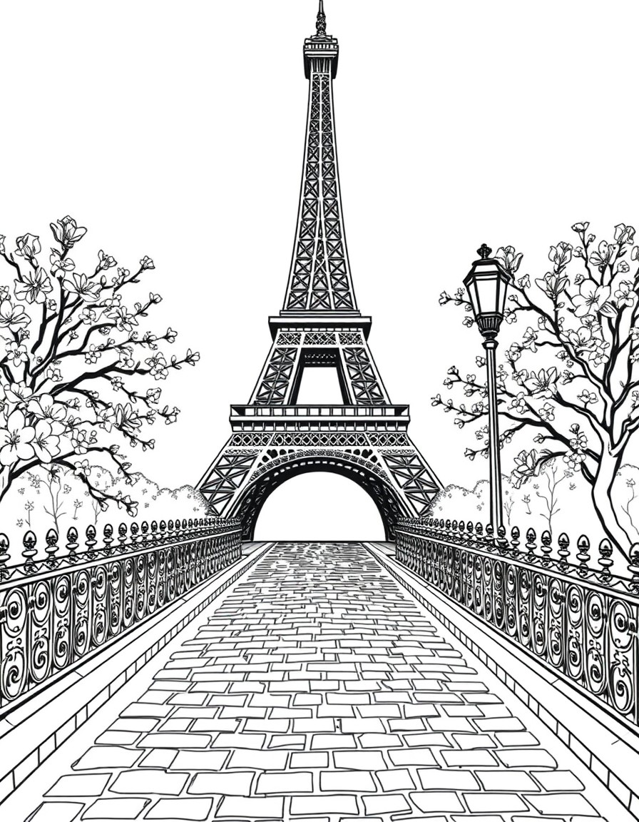 Create a detailed illustration of the Eiffel Tower in Paris France. Surround the tower with blooming cherry blossoms and intricate wrought-iron fencing. Include a cobblestone pathway leading toward th