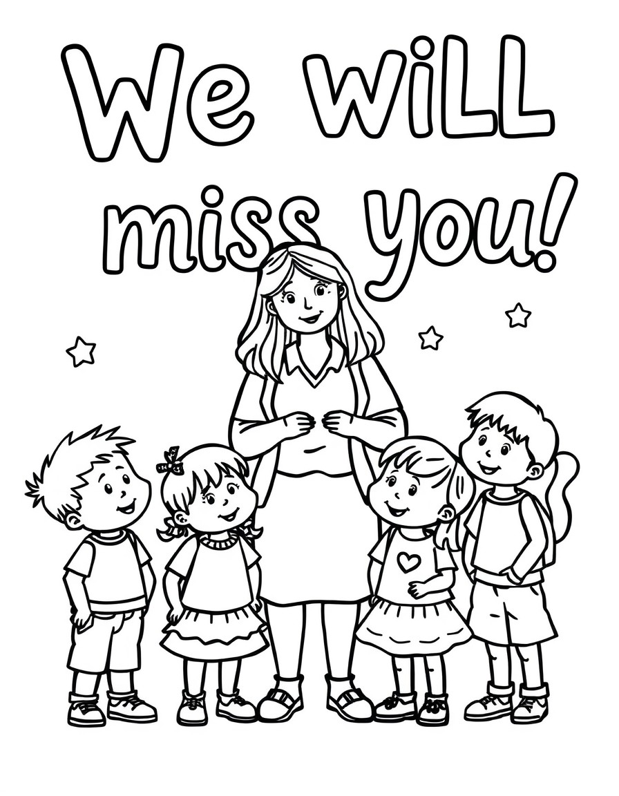 teacher with preschool students that says "we will miss you"