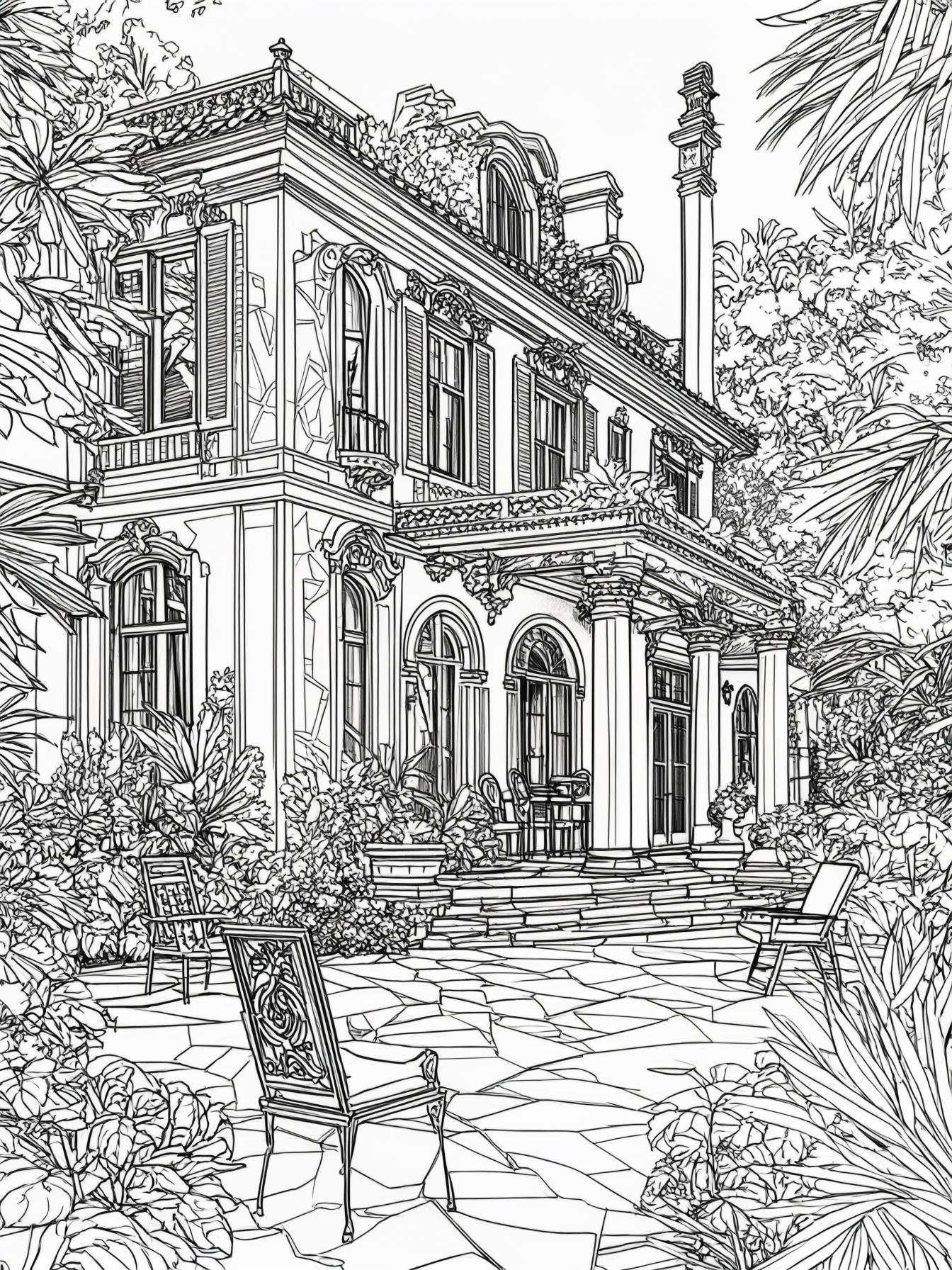 A beautiful house with a beautiful garden with chairs