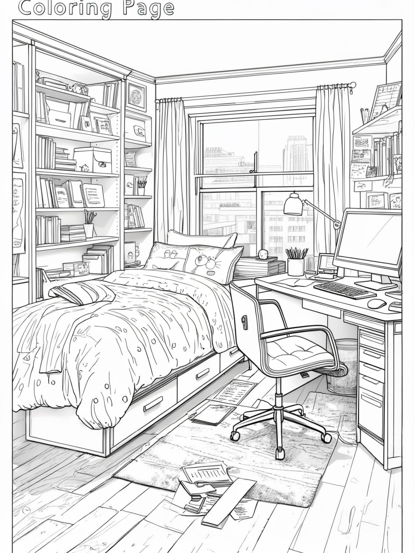 A tidy student's room with a bed, a desk, a computer