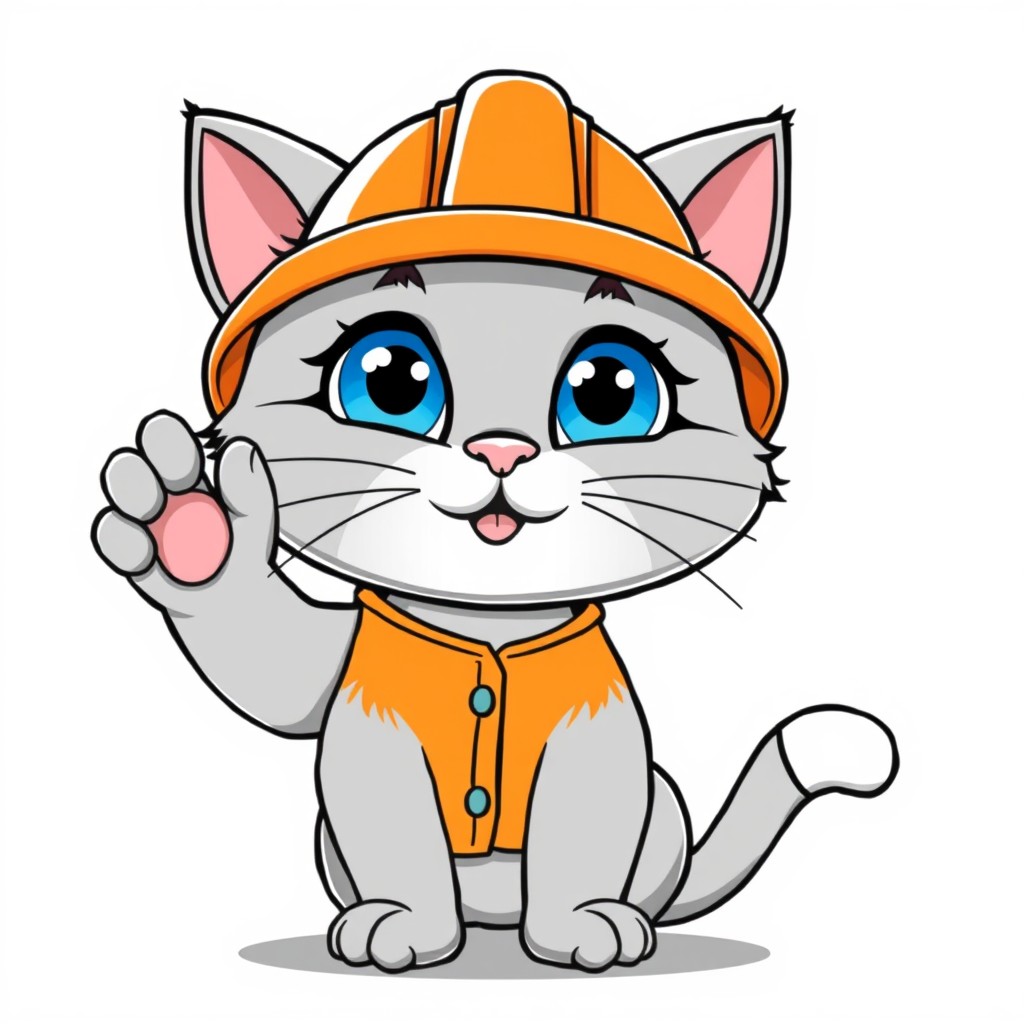 Cartoon gray cat with blue eyes in an orange construction helmet waving his paw
