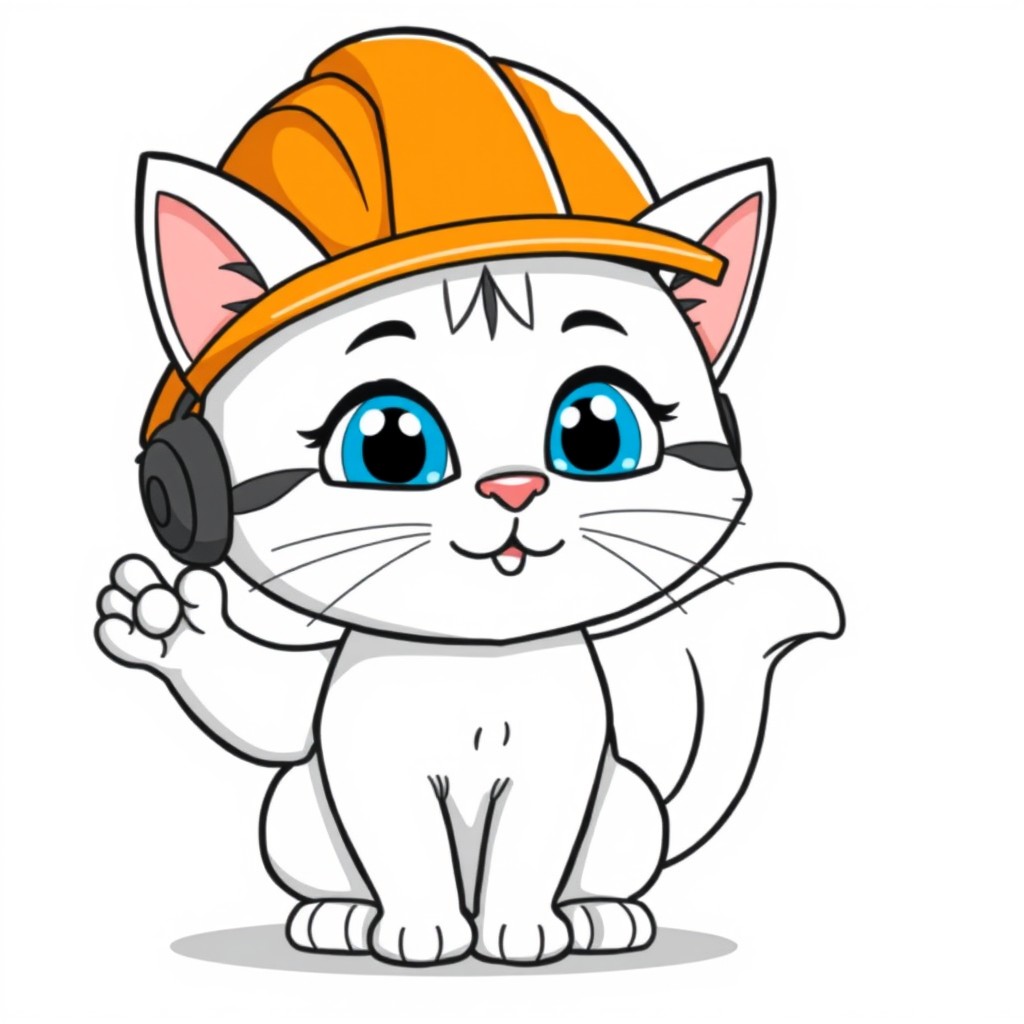 Cartoon gray cat with blue eyes in an orange construction helmet waving his paw