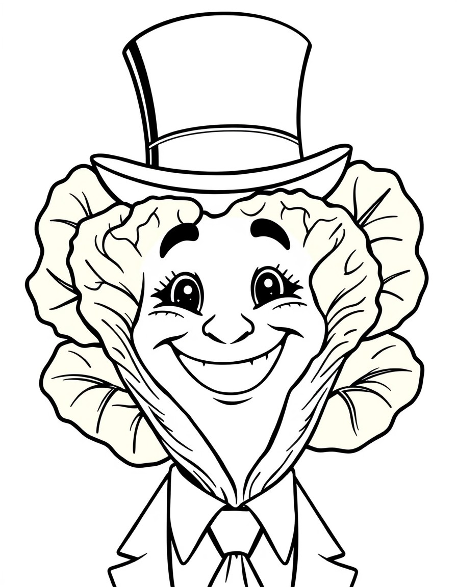 Head of lettuce with a smile and suit with a top hat