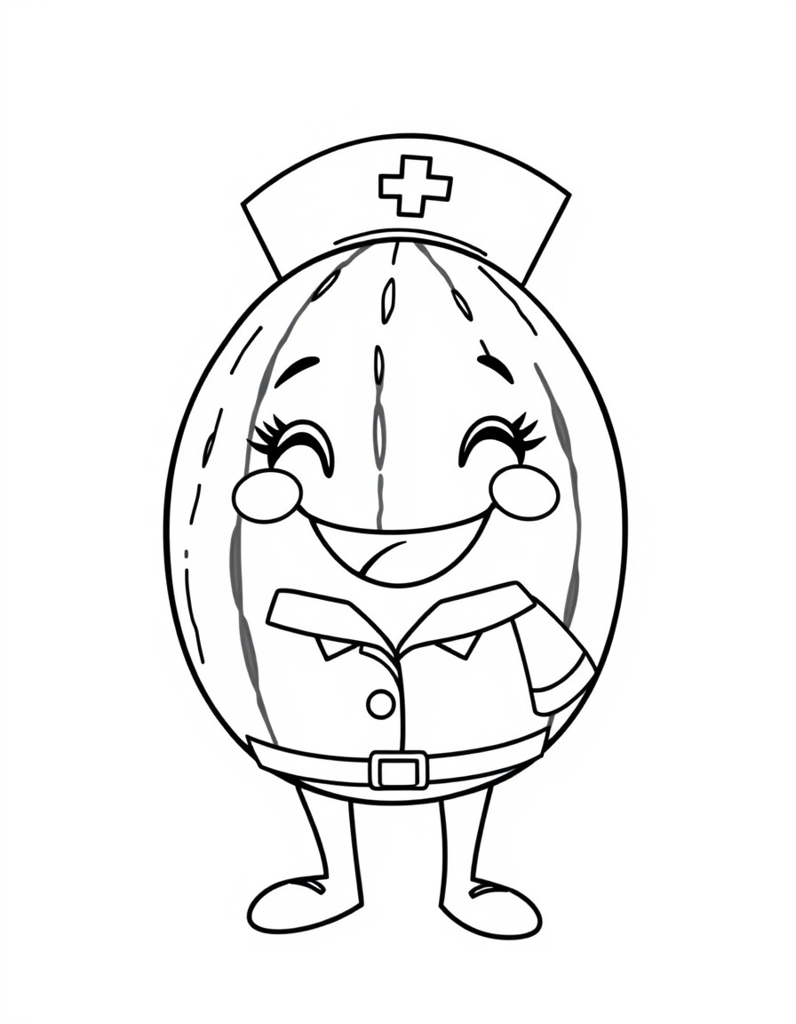 A watermelon with a smile and nurse outfit