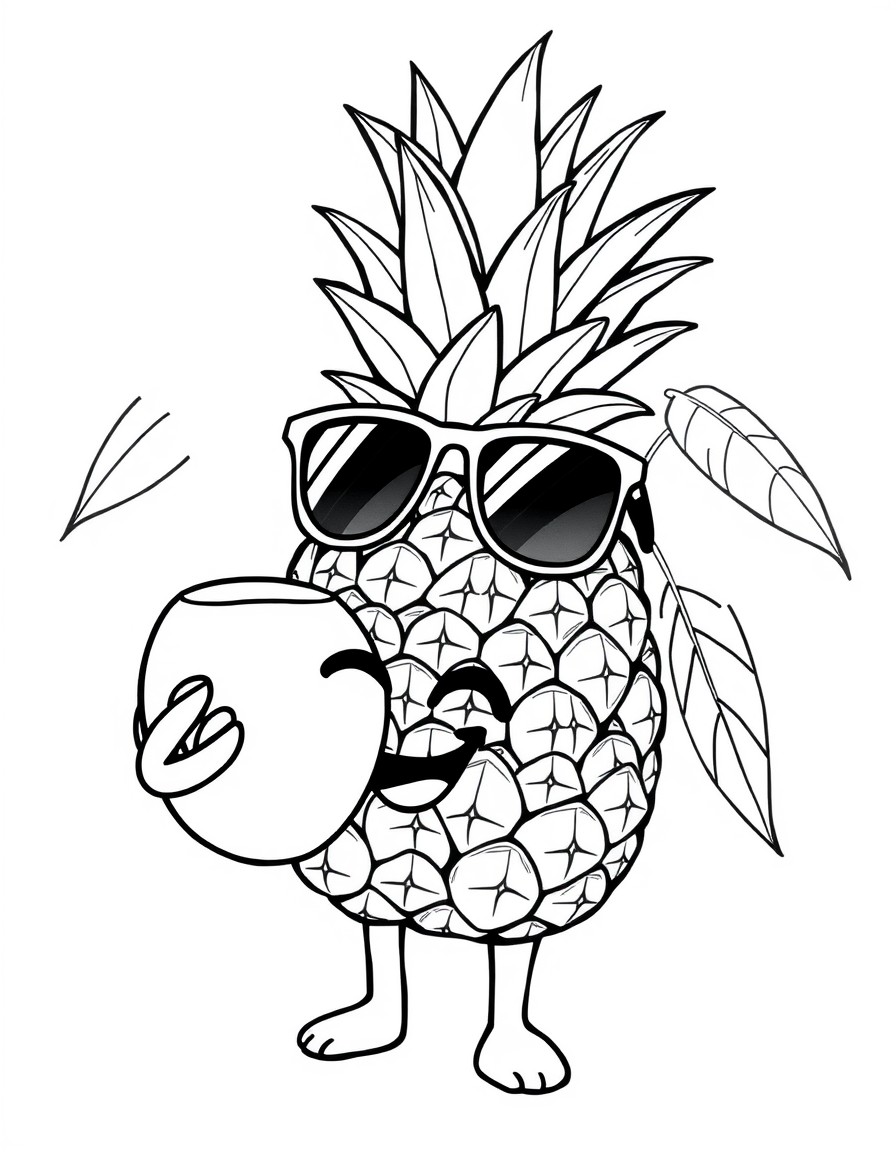 A pineapple holding a coconut with sunglasses and a smile
