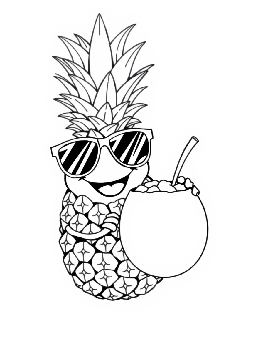 A pineapple holding a coconut with sunglasses and a smile