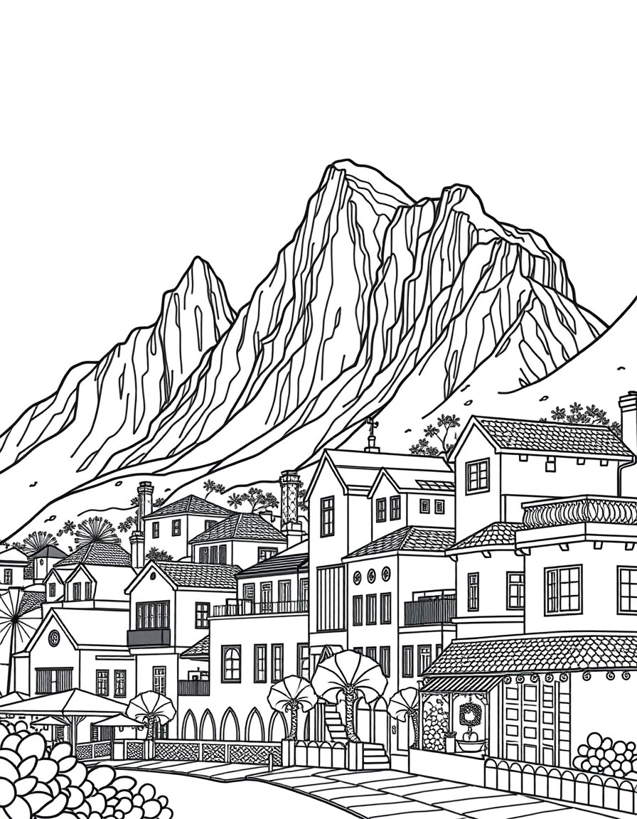 "Line art of Table Mountain, colorful houses of Bo-Kaap, and beadwork motifs.