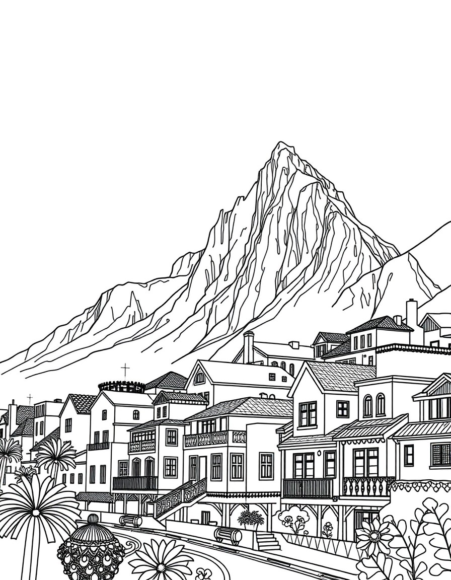 "Line art of Table Mountain, colorful houses of Bo-Kaap, and beadwork motifs.