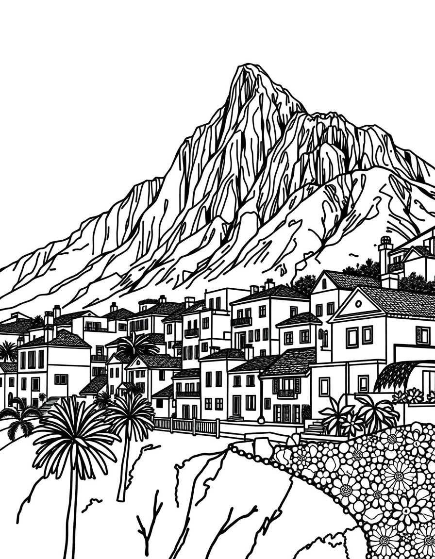 "Line art of Table Mountain, colorful houses of Bo-Kaap, and beadwork motifs.