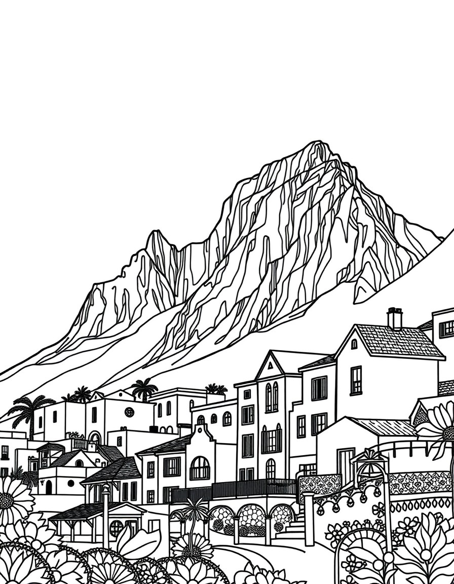 "Line art of Table Mountain, colorful houses of Bo-Kaap, and beadwork motifs.