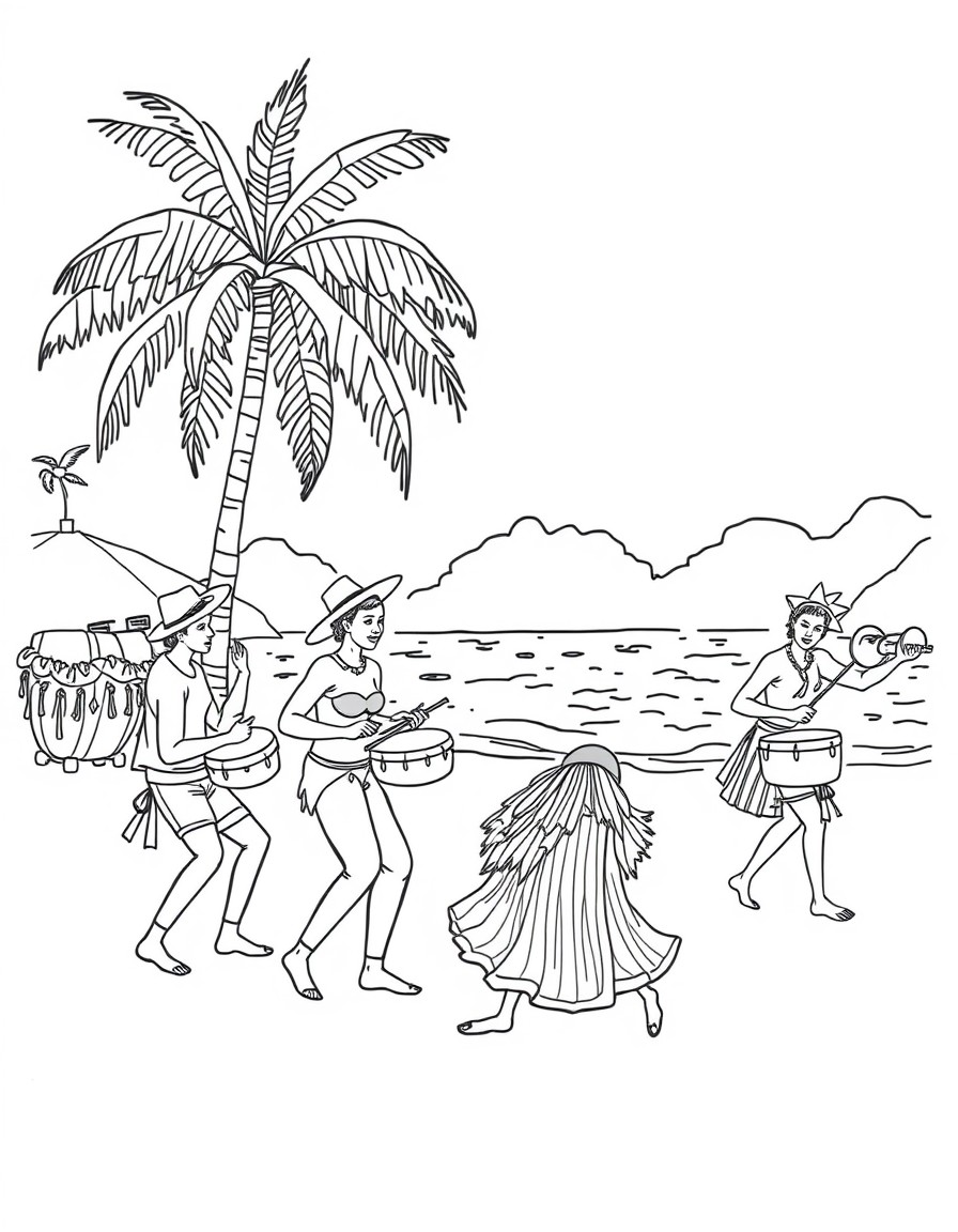 "Line drawing of a vibrant Caribbean beach, steelpan drums, and carnival dancers.