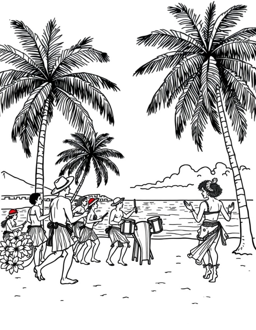 "Line drawing of a vibrant Caribbean beach, steelpan drums, and carnival dancers.