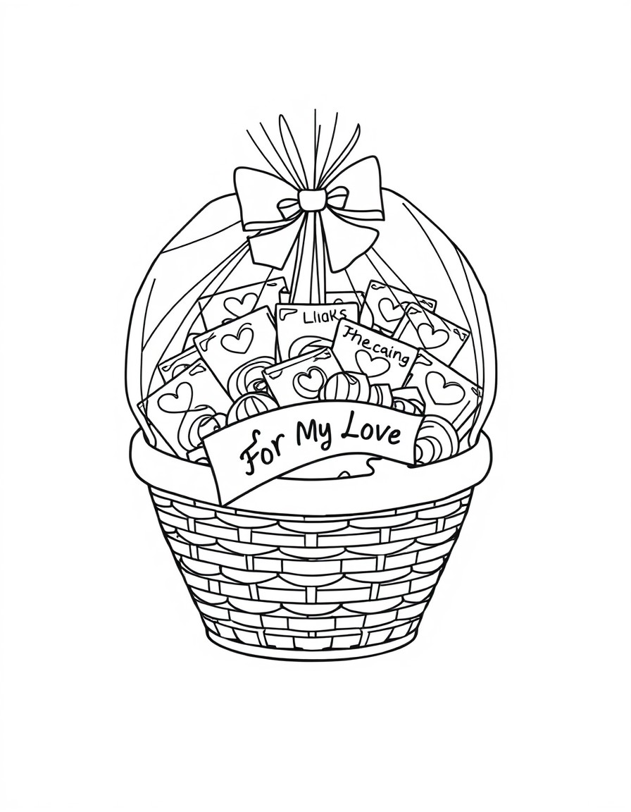 Line art of a gift basket wrapped in cellophane filled with chocolates candies and a ribbon that says For My Love. Image with black lines on a white background. Large closed shapes coloring book style