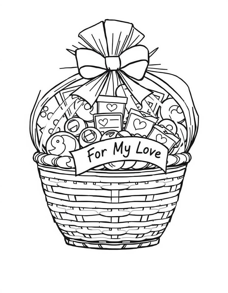 Line art of a gift basket wrapped in cellophane filled with chocolates candies and a ribbon that says For My Love. Image with black lines on a white background. Large closed shapes coloring book style