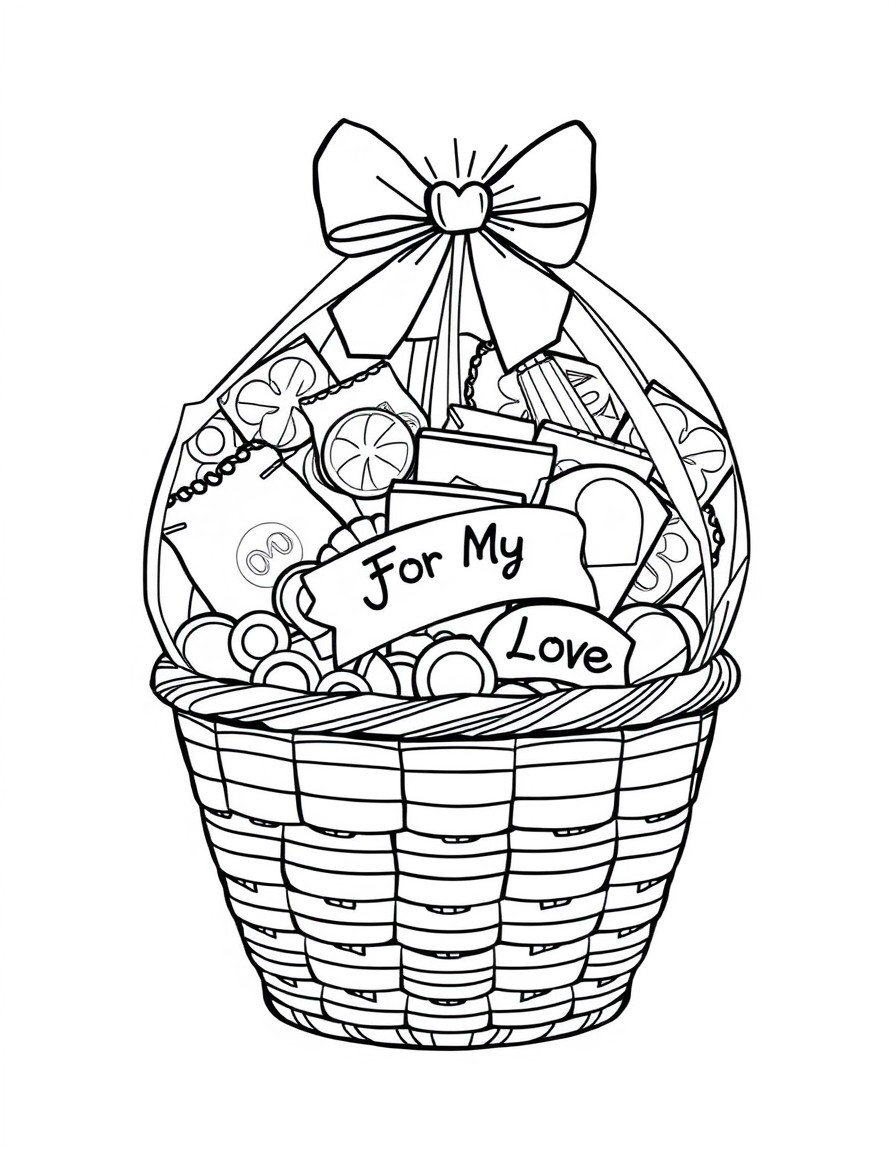 Line art of a gift basket wrapped in cellophane filled with chocolates candies and a ribbon that says For My Love. Image with black lines on a white background. Large closed shapes coloring book style