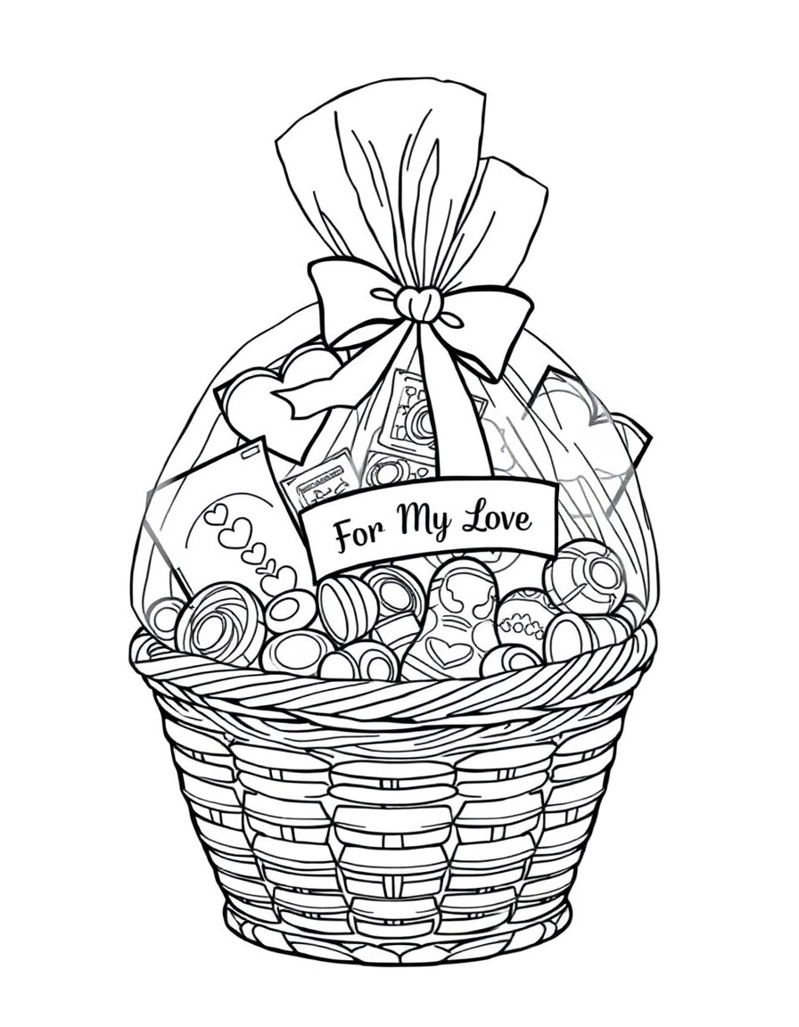 Line art of a gift basket wrapped in cellophane filled with chocolates candies and a ribbon that says For My Love. Image with black lines on a white background. Large closed shapes coloring book style