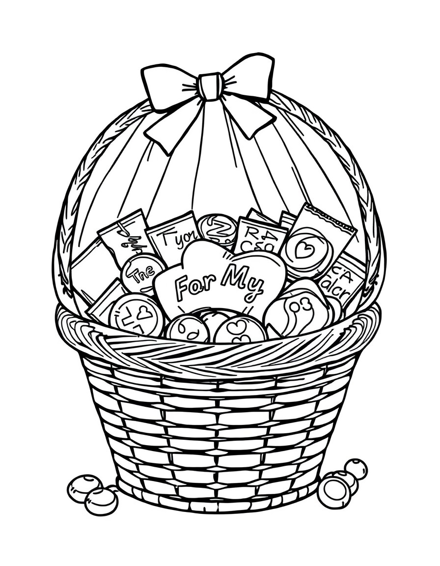 Line art of a gift basket wrapped in cellophane filled with chocolates candies and a ribbon that says For My Love. Image with black lines on a white background. Large closed shapes coloring book style