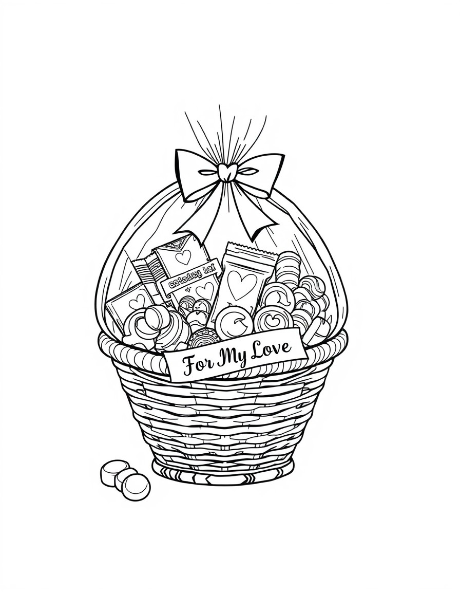 Line art of a gift basket wrapped in cellophane filled with chocolates candies and a ribbon that says For My Love. Image with black lines on a white background. Large closed shapes coloring book style