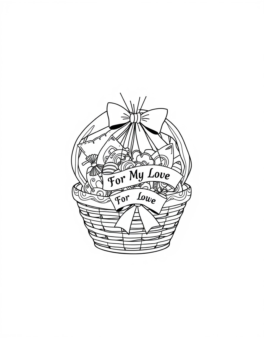 Line art of a gift basket wrapped in cellophane filled with chocolates candies and a ribbon that says For My Love. Image with black lines on a white background. Large closed shapes coloring book style