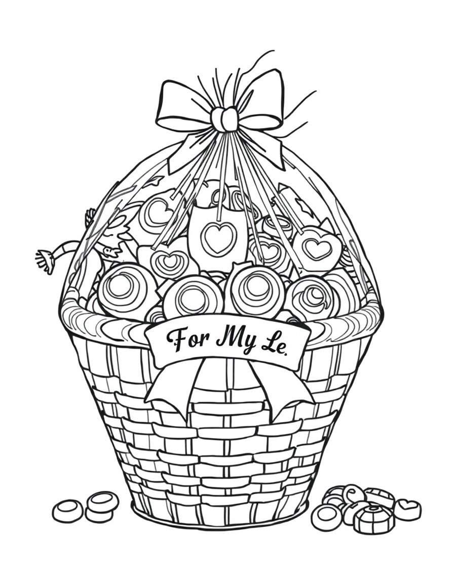 Line art of a gift basket wrapped in cellophane filled with chocolates candies and a ribbon that says For My Love. Image with black lines on a white background. Large closed shapes coloring book style