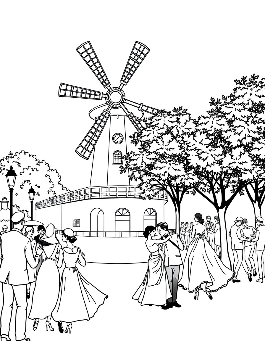 A4 coloring book page of Dance at Le Moulin de la Galette by Renoir, with dancing couples, lights, and trees, black and white line art only, plain background.