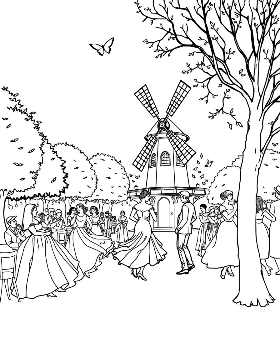A4 coloring book page of Dance at Le Moulin de la Galette by Renoir, with dancing couples, lights, and trees, black and white line art only, plain background.