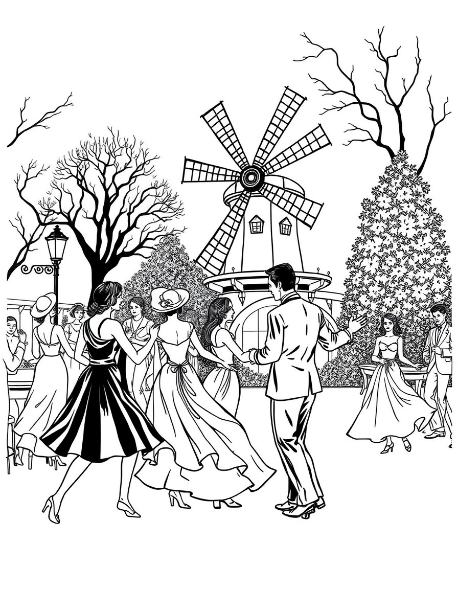 A4 coloring book page of Dance at Le Moulin de la Galette by Renoir, with dancing couples, lights, and trees, black and white line art only, plain background.