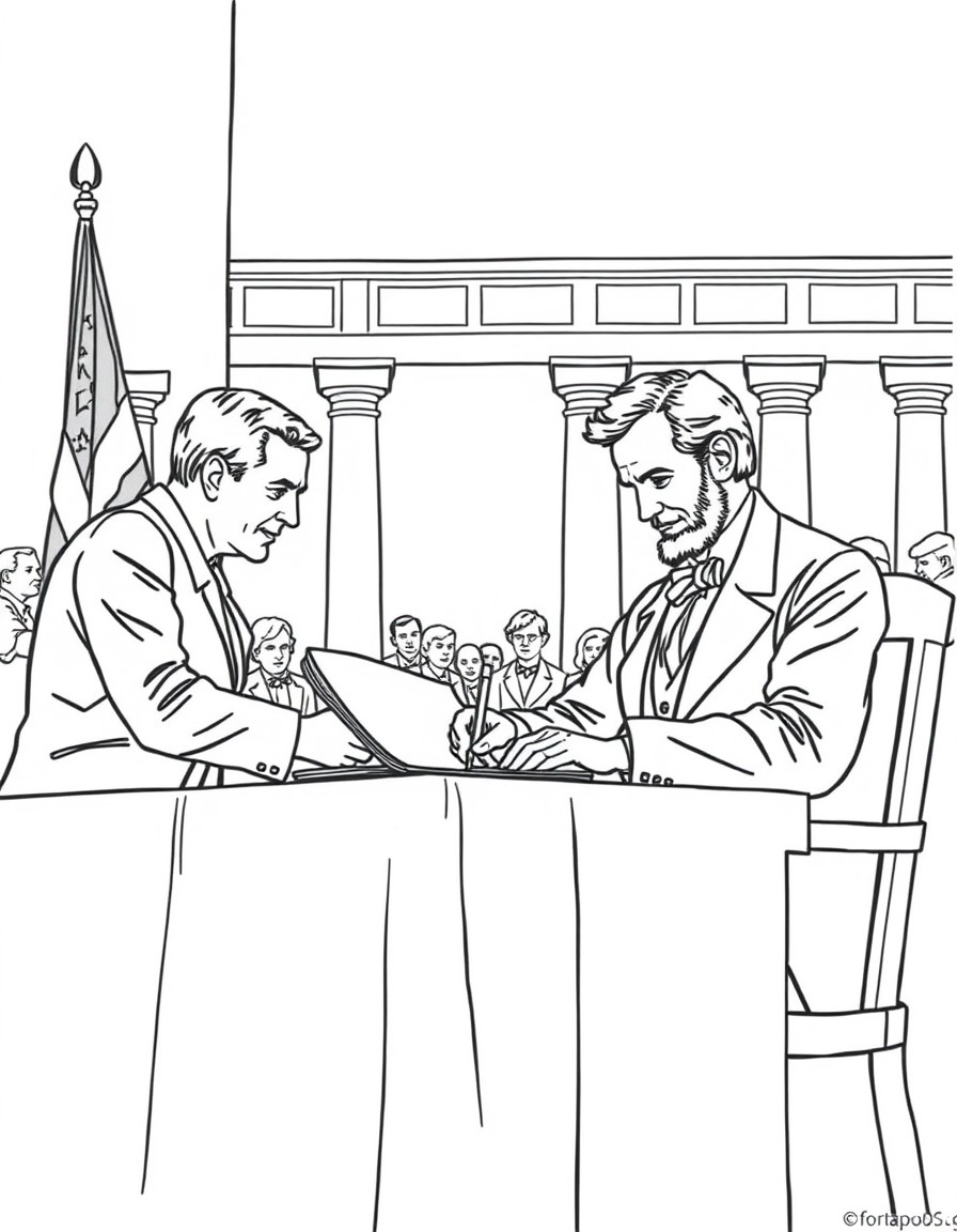 Grant and Lee signing the document ending the Civil Wat at the Courthouse at Appomattox. And image of Lincoln looking down over the porcess.