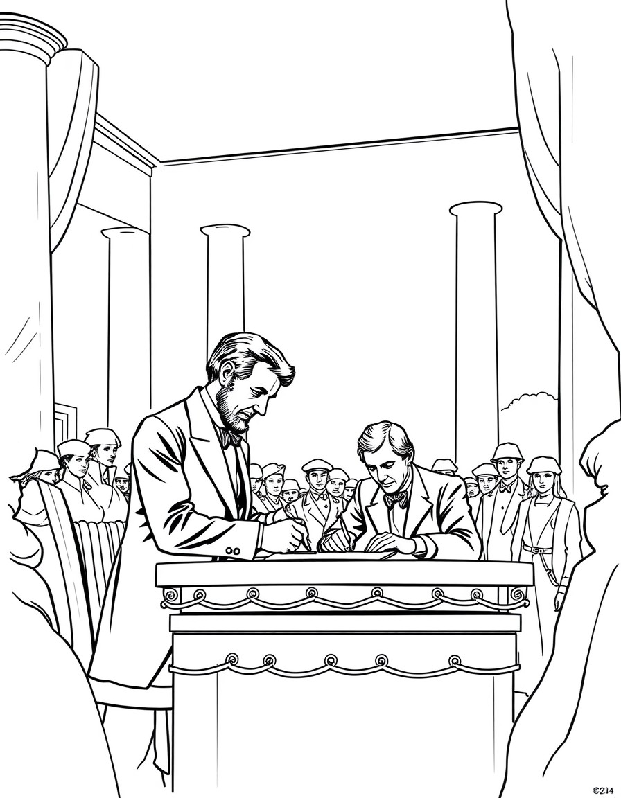 Grant and Lee signing the document ending the Civil Wat at the Courthouse at Appomattox. And image of Lincoln looking down over the porcess.