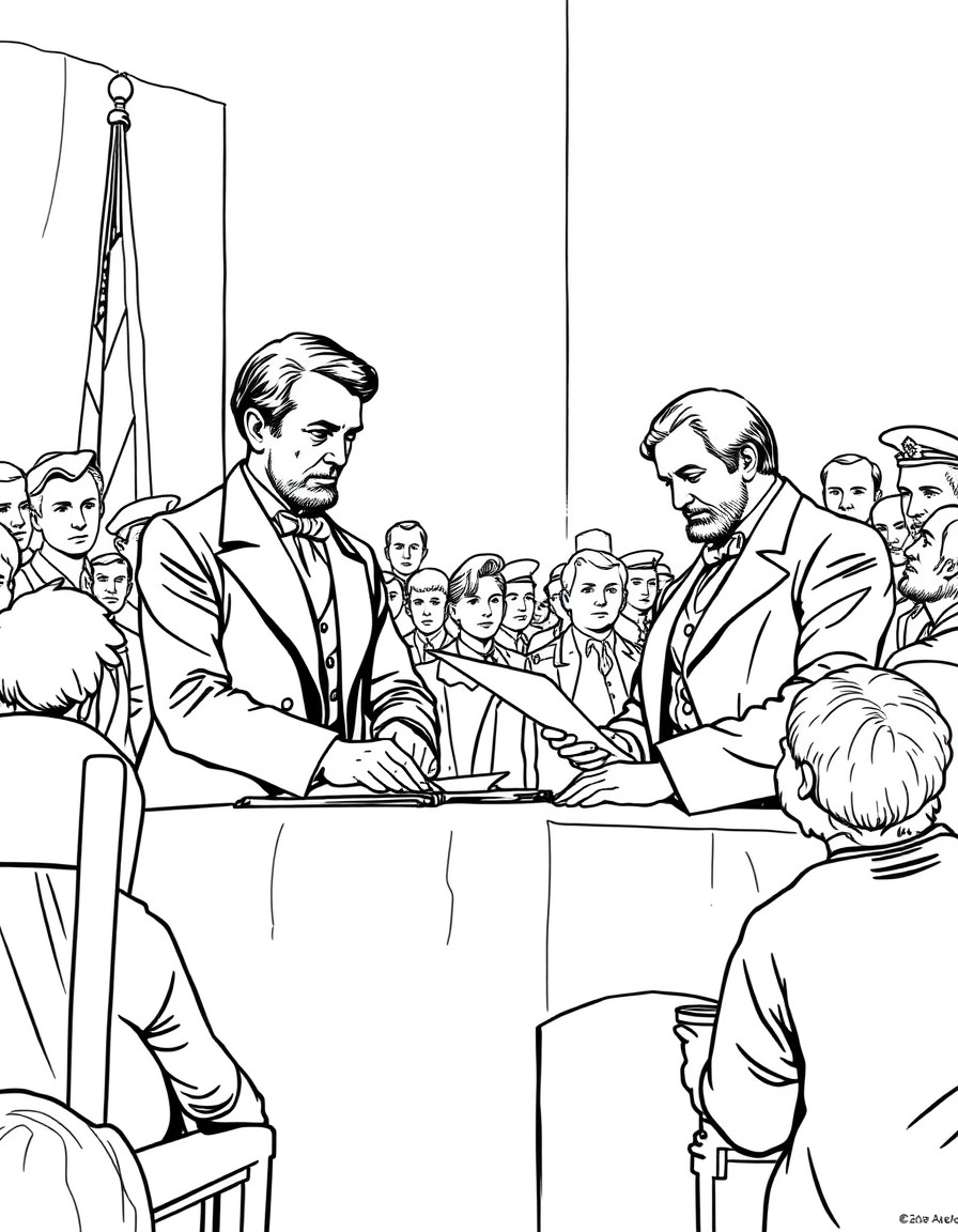 Grant and Lee signing the document ending the Civil Wat at the Courthouse at Appomattox. And image of Lincoln looking down over the porcess.