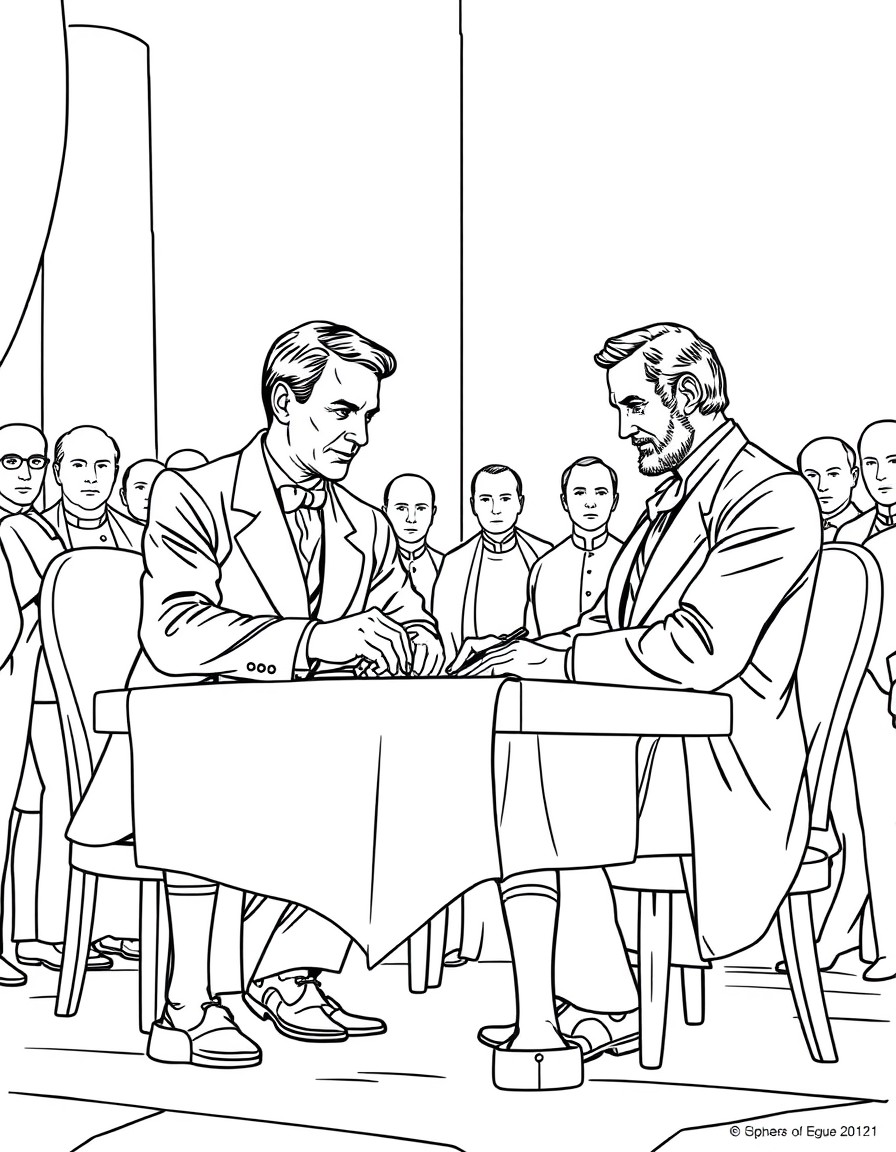 Grant and Lee signing the document ending the Civil Wat at the Courthouse at Appomattox. And image of Lincoln looking down over the porcess.