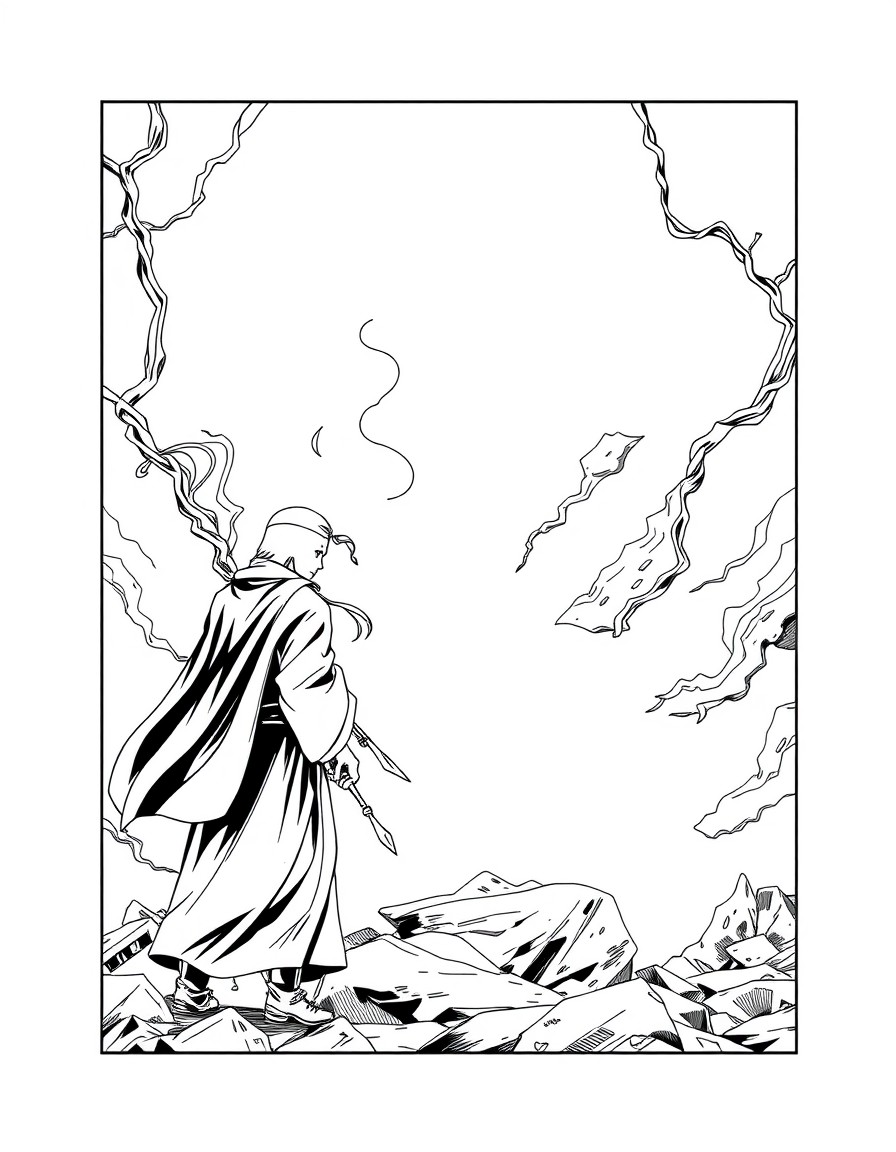 create this in manga art style panels black and white with english dialogue similar to Takeshi Obatas work and make sure the spelling in the captions are correct Chapter 1 Shadows of the Past Page 1