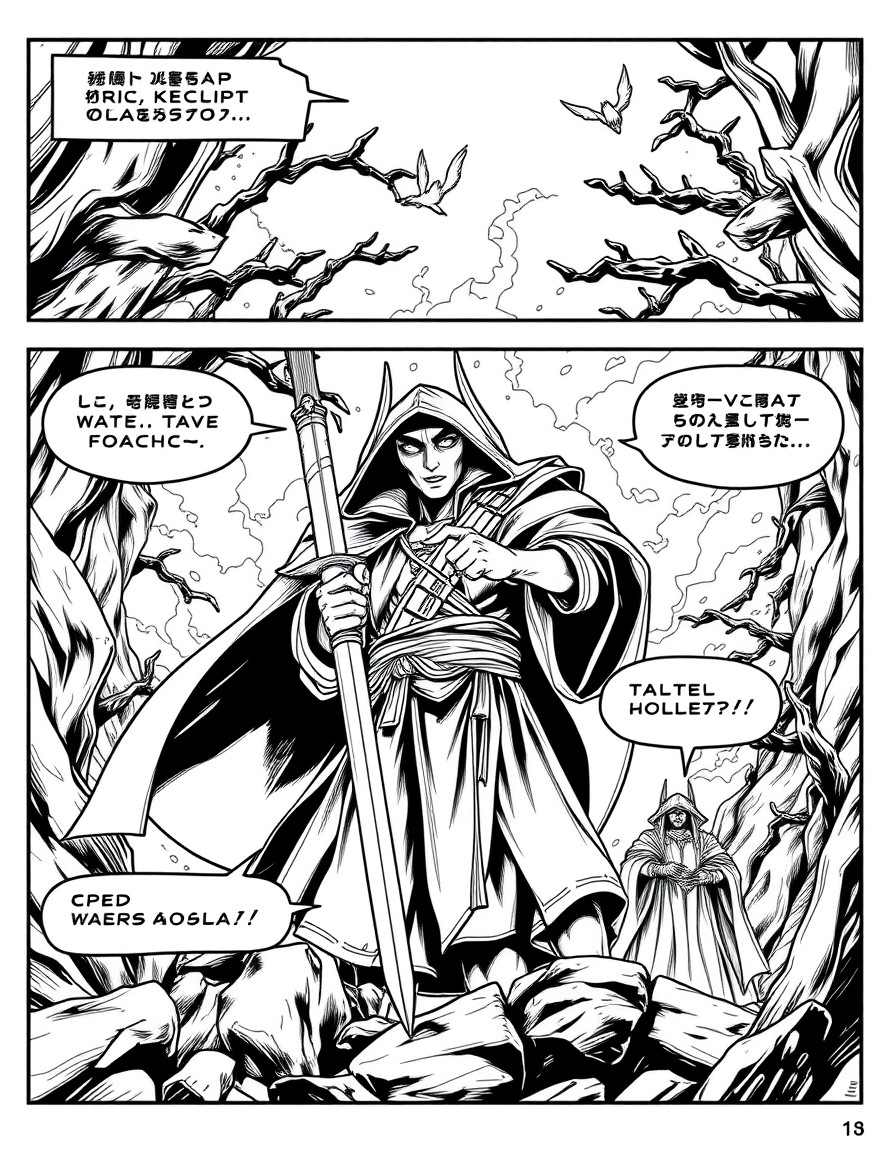create this in manga art style panels black and white with english dialogue similar to Takeshi Obatas work and make sure the spelling in the captions are correct Chapter 1 Shadows of the Past Page 1