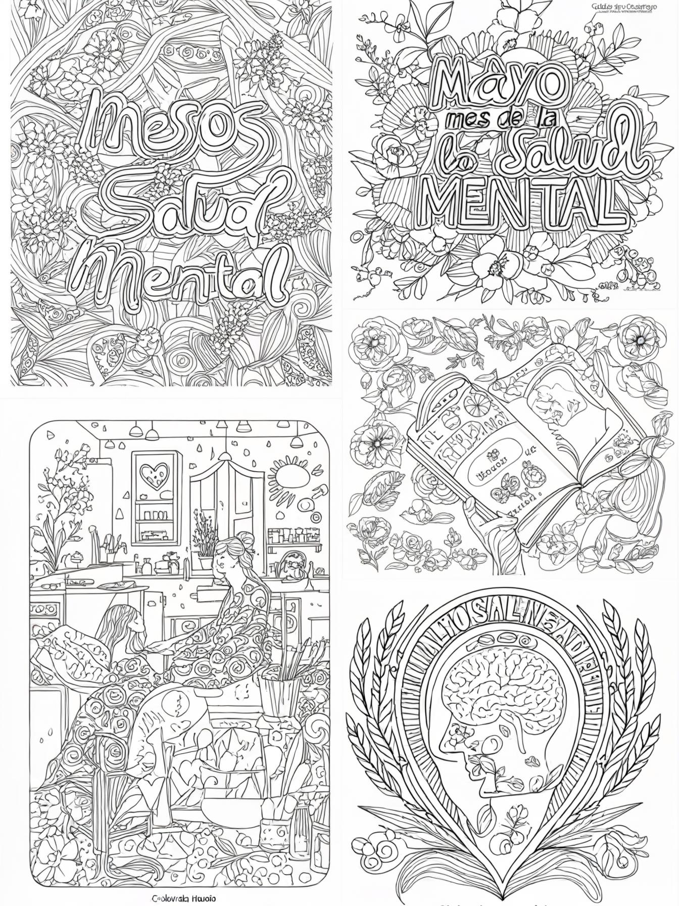 create 5 coloring pages about Mayo Mes de la Salud Mental