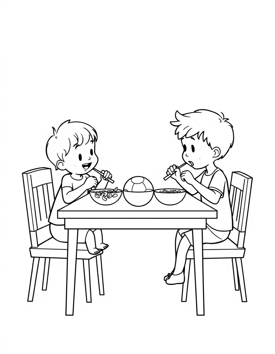 Two kids sitting at a rectangular breakfast table eating cornflakes. One is 4yo and the other 7. They have a small ball