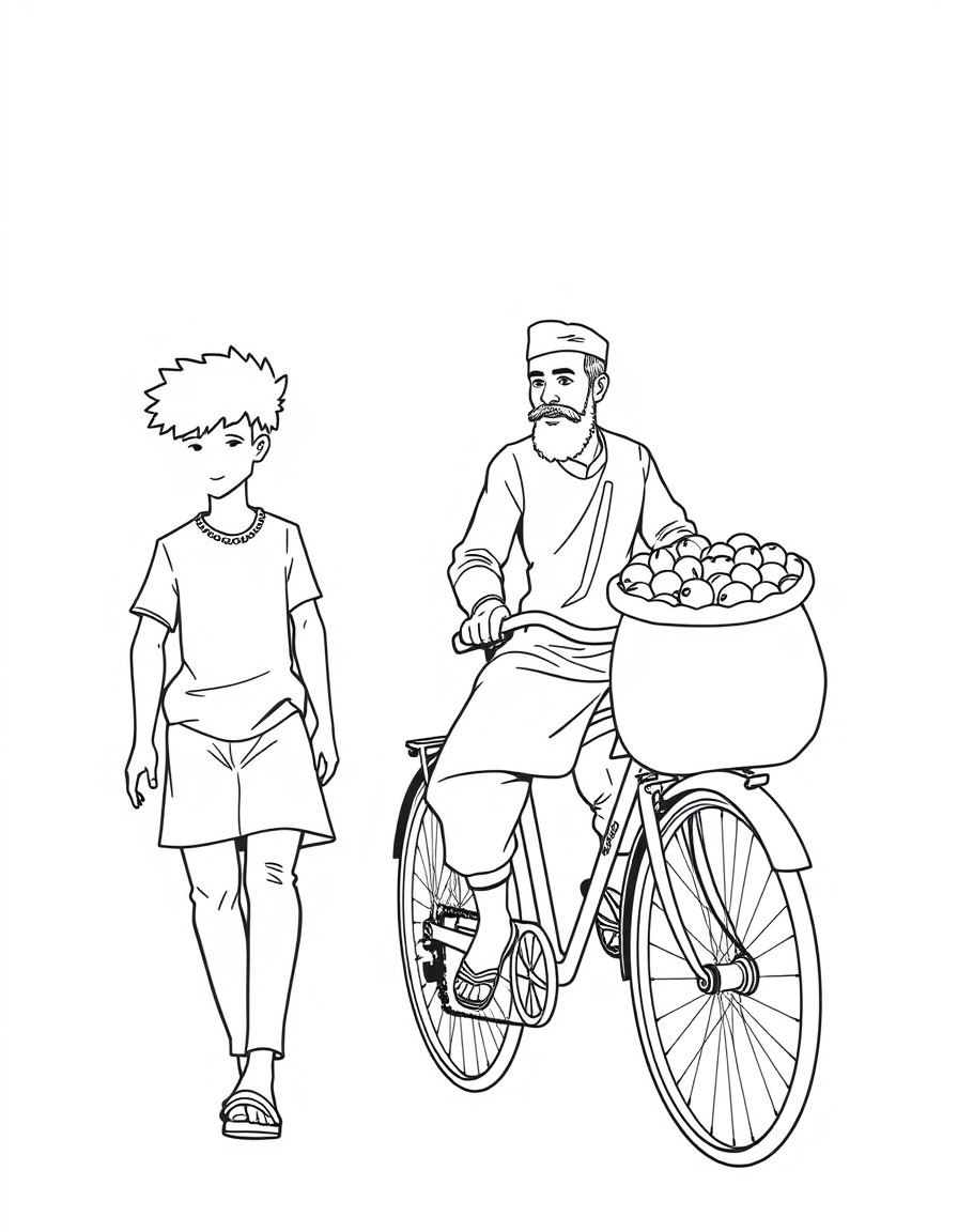 Illustration. Medium shot of Aryan with curly hair, walking closer to a man named Vijay, who has a short beard and is wearing a simple kurta and pants and sits on his bicycle with a large sack of frui