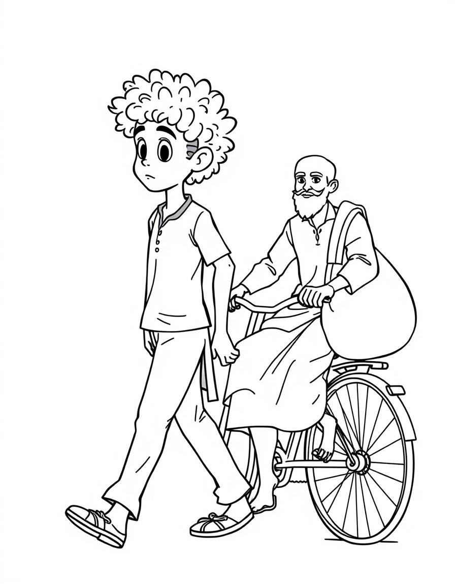 Illustration. Medium shot of Aryan with curly hair, walking closer to a man named Vijay, who has a short beard and is wearing a simple kurta and pants and sits on his bicycle with a large sack of frui