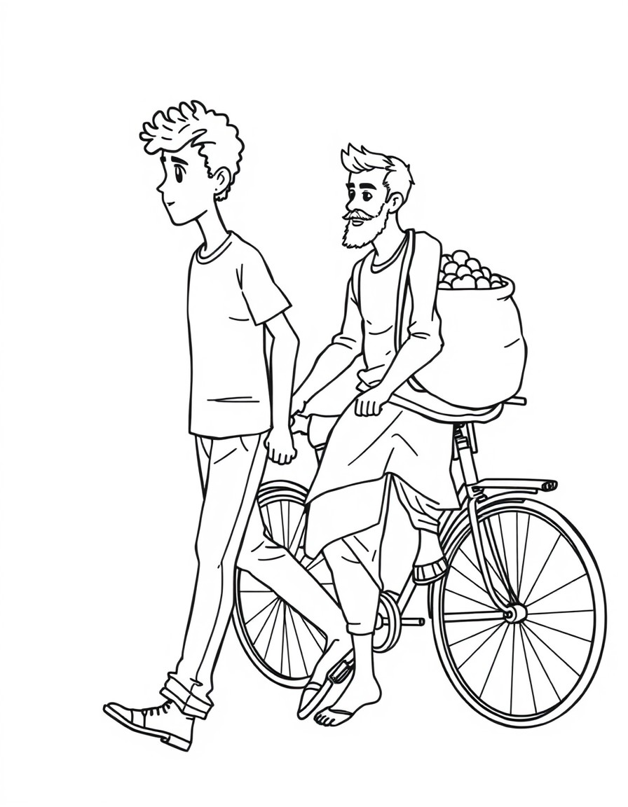 Illustration. Medium shot of Aryan with curly hair, walking closer to a man named Vijay, who has a short beard and is wearing a simple kurta and pants and sits on his bicycle with a large sack of frui