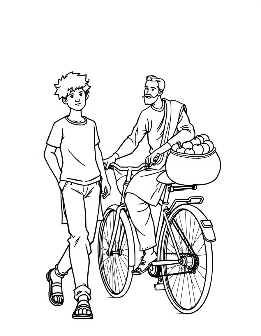 Illustration. Medium shot of Aryan with curly hair, walking closer to a man named Vijay, who has a short beard and is wearing a simple kurta and pants and sits on his bicycle with a large sack of frui