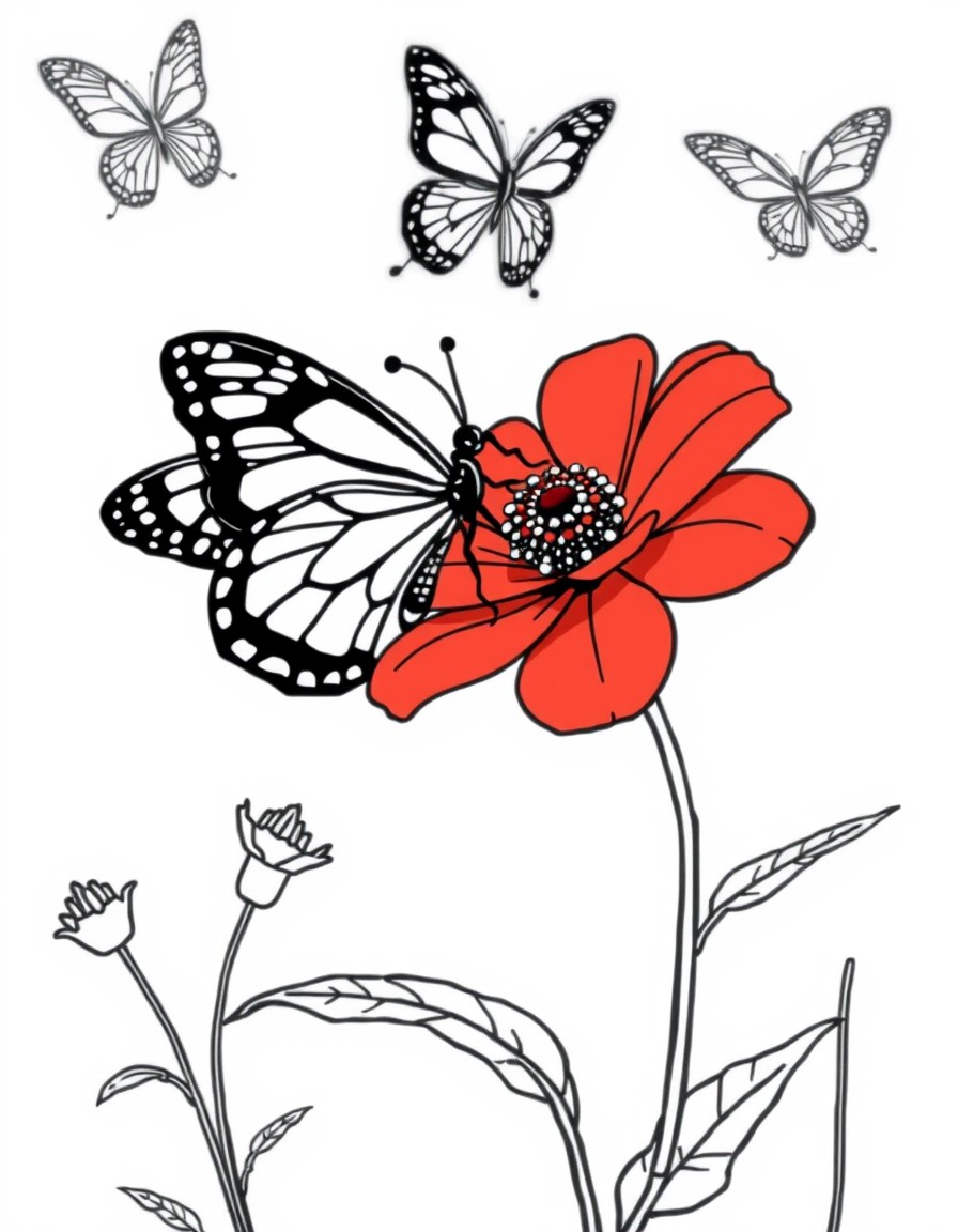 Cute tinny butterfly on the red flower then some butterfly fly in sky