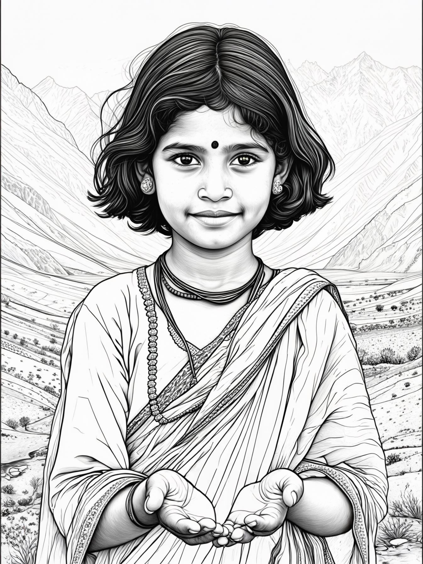 a indian girl with short curly hair present in a valley of mountains and her hands open feeling air