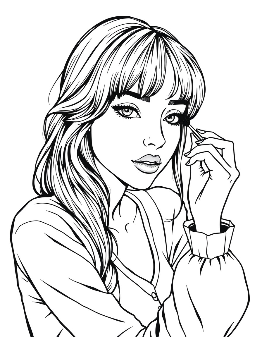 woman with some bangs sitting and applying her mascara