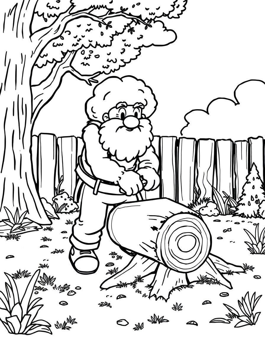 cloudy man, chopping a log in his backyard