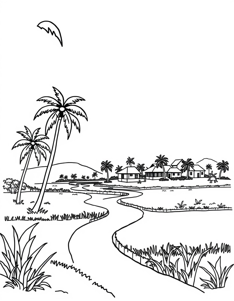 kerala village with coconut trees and river paddy field