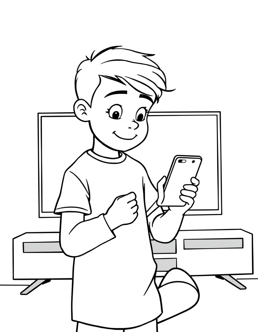 11 year boy using iphone in front of a led television