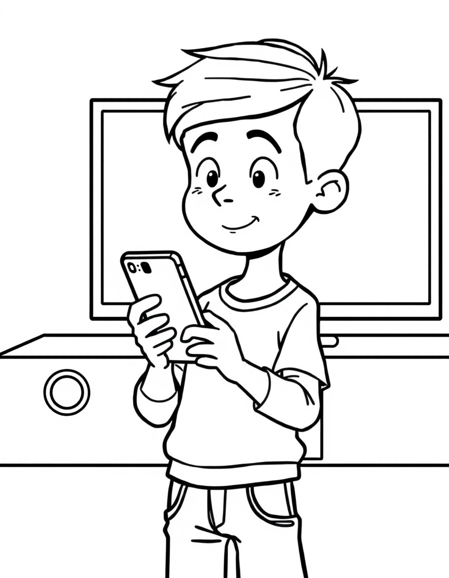 11 year boy using iphone in front of a led television