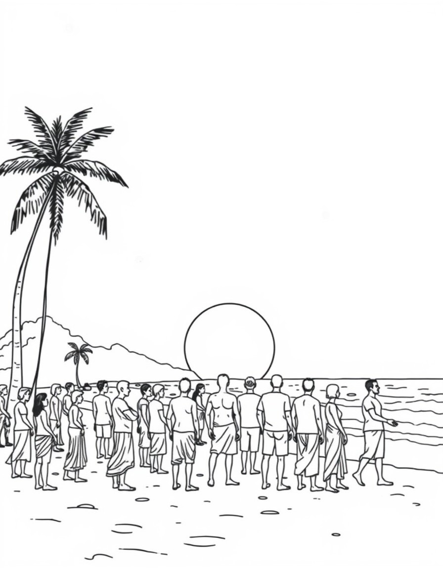 100 people standing at beach at  sunset time in kerala