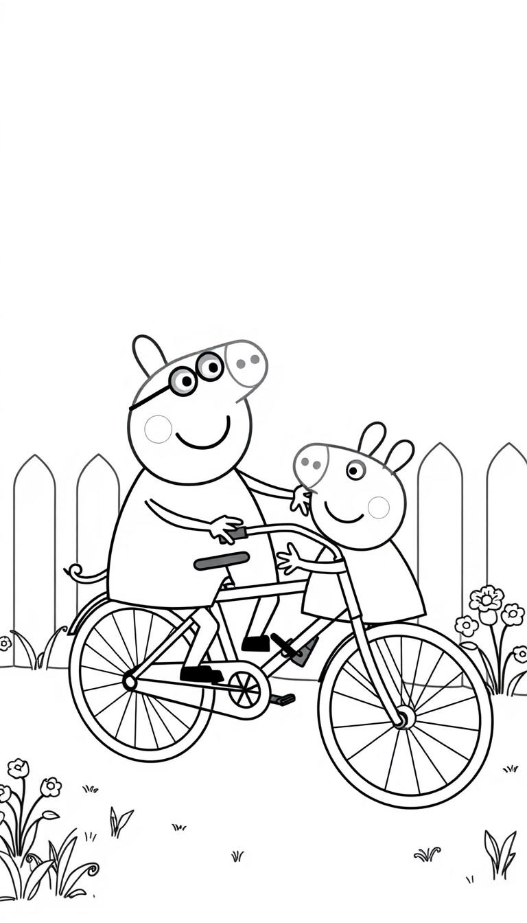 black and white coloring page featuring A Illustrate Daddy Pig teaching Peppa how to ride a bicycle in their garden. Peppa sits on a small bike while Daddy Pig holds the back for support. Add their ho