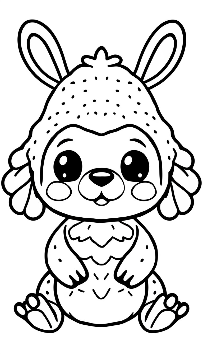 Labubu character. in cute cartoon style, black and white coloring page, clean outlines, no shading, kawaii art style, full body, simple background, highly detailed line art, symmetrical, centered comp